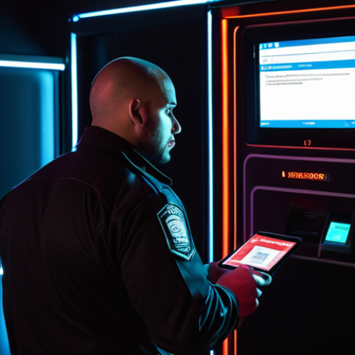 **A website security guard bouncer character checking IP addresses instead of physical IDs at a nightclub door, symbolizing IP tracking as website security. Dark background.**