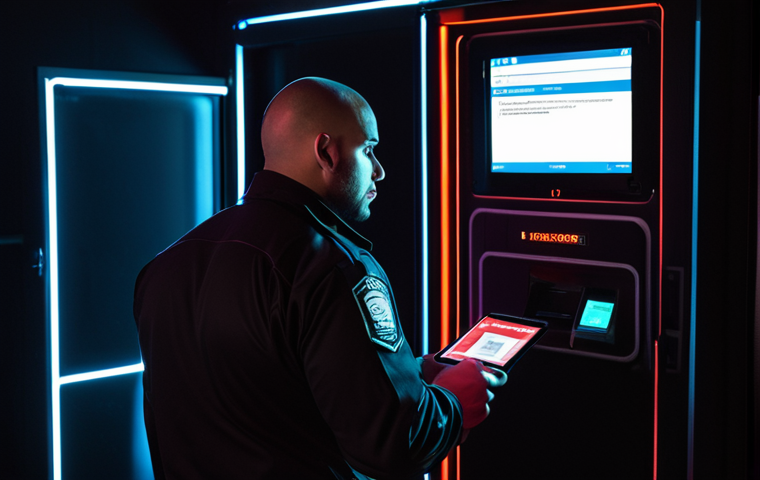**A website security guard bouncer character checking IP addresses instead of physical IDs at a nightclub door, symbolizing IP tracking as website security. Dark background.**