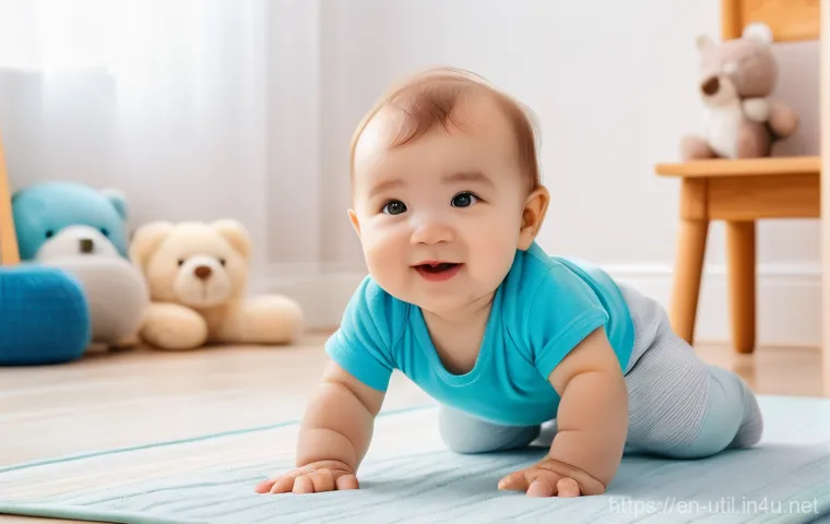 PC 부팅 속도 향상 유틸리티 - A cheerful toddler, approximately 1 year old, with rosy cheeks and sparkling eyes, crawling on a sof...