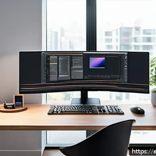 화면 분할 유틸리티 소프트웨어 추천 - A modern, sleek home office setup featuring a large widescreen monitor divided into multiple dynamic...