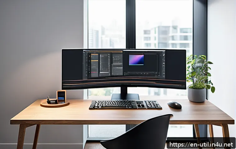 화면 분할 유틸리티 소프트웨어 추천 - A modern, sleek home office setup featuring a large widescreen monitor divided into multiple dynamic...