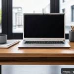 이미지 리사이즈 프로그램 추천 - A modern digital workspace scene showing a sleek laptop on a wooden desk with multiple image editing...
