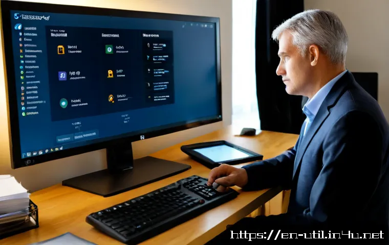 Home 17 비밀번호 관리 소프트웨어 비교 - Photorealistic home office scene showing a middle-aged professional comparing password manager optio...